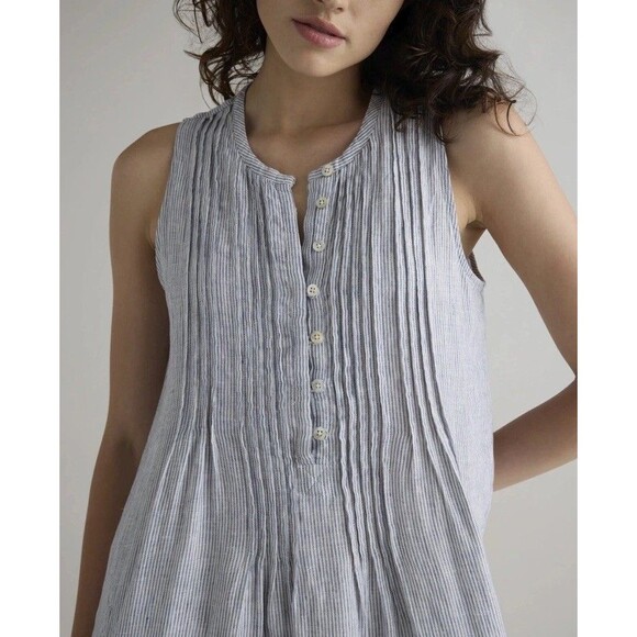 Quince 100% European Linen Sleeveless Swing Dress Blue Pinstripe Women's Size X2 - Picture 2 of 13